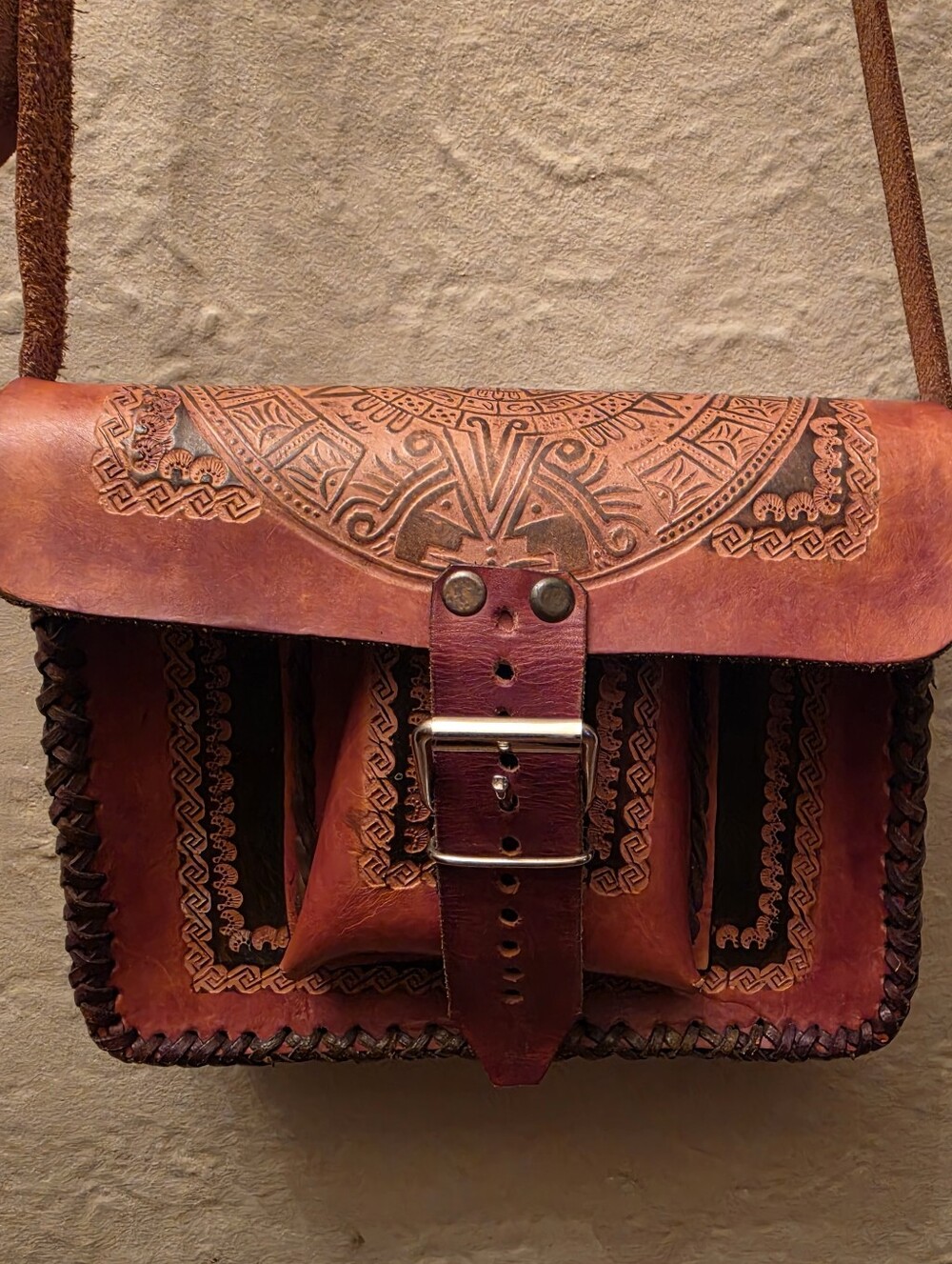 Vintage Hand Tooled Leather Aztec Calendar Crossbody Boho Purse - Picture 1 of 11